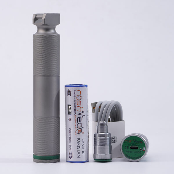 Rosh-Tech Medi-4 USB rechargeable laryngoscope handle with Type-C charging port and custom battery.